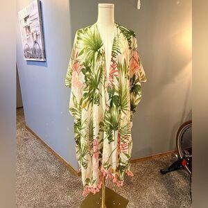 Tropical Kimono Cover-Up with Tassel Trim